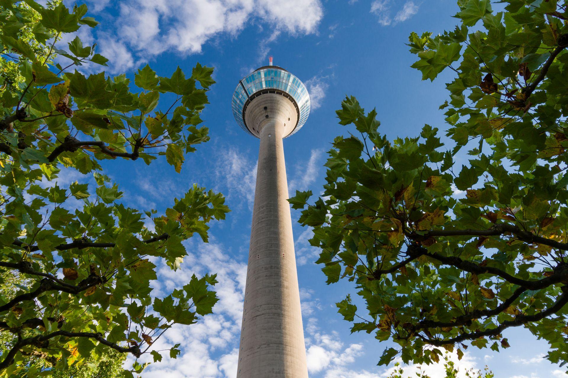 Der Rheinturm in Duesseldorf, von unten fotografiert mit blauem Himmel und Baumrahmen